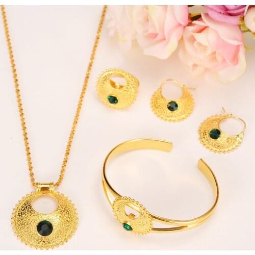 Gold Dubai Ethiopian Jewelry Chokers Necklace Bracelet Earring Ring crystal bead Africa bridal wedding jewelry Habesha set gift