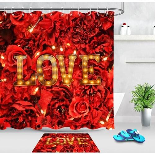 Valentines Day Shower Curtain Red Rose Flower Love Lamp Waterproof Bath Curtains for Bathroom Bathtub Bathing Screen With Hooks
