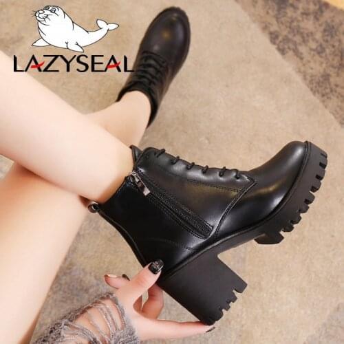 LazySeal Platform Winter Boots Women Shoes Zipper Cross-tied Square 7.5cm Heel New Round Toe Ankle Boots For Women Ladies Shoes