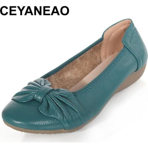 CEYANEAOFashion 2019 Loafers Womens Shoes Woman Genuine Leather Flat Shoes Casual Round Toe Bow Shoes Women FlatsE1701