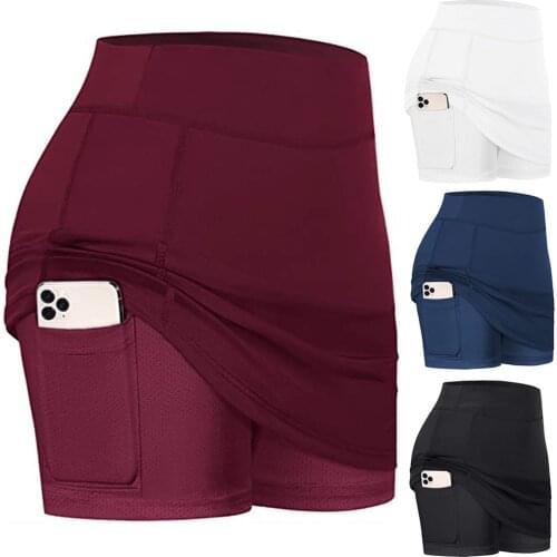 Women Tennis Skorts Sport Yoga Shorts Skirt Solid Color Anti Exposure Fitness High Waist Shorts Sportswear Pockets Skorts