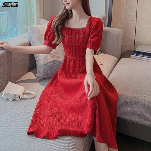 Red Fringe Trim Square Neck Maxi Dress Women Summer Puff Sleeve High Waist Boho Modest Solid Dresses