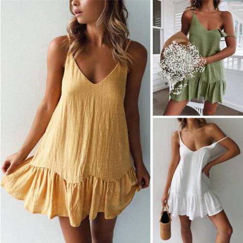 2021 New Summer Sexy Women Dress Solid Color Sleeveless Deep V Neck Ruffle Hem Loose Mini Dress for Party