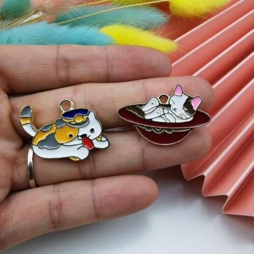 10pcs Cute Cats Alloy Enamel Metal Charms Pendants Kawaii Pet Kitty Earrings Charm Dangle DIY Jewelry Accessories Phone Decor