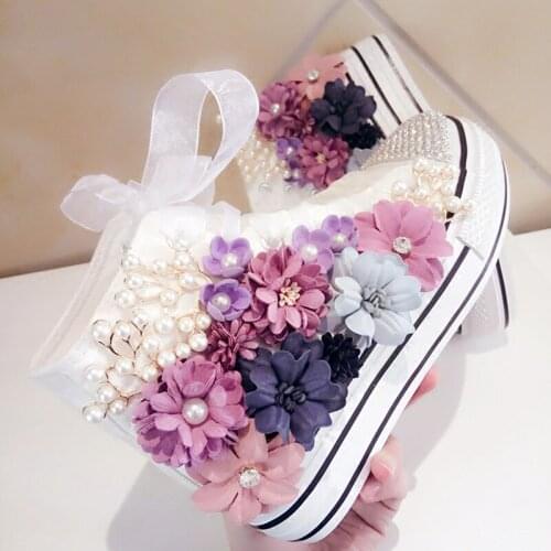 2018Autumn custom casual high shoes fantasy seven color flowers pearl Austrian rhinestones with lace-up canvas shoes