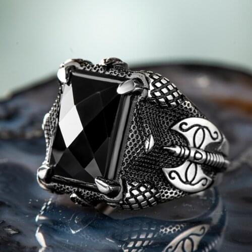 925 Sterling Silver Facet Cut Black Zircon Stone Mens Ring with Axe Figures Exclusive Accessory for Men Made in Turkey