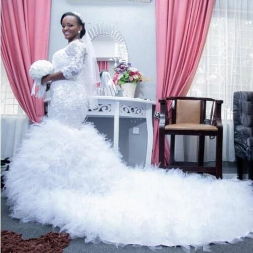 African Mermaid Wedding Dresses Bateau Neck Lace Appliques Beads 3/4 Sleeves White Lace Up Back Train Tiered Tulle Formal Bridal