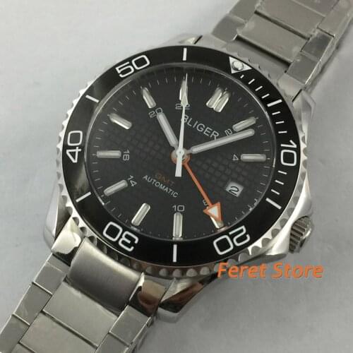 BLIGER new 41mmTop Business GMT Mechanical Watch Sapphire Crystal Black Dial Ceramic Bezel Date Luminous Mens Automatic Watch