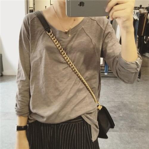 Pure color cotton long-sleeved T shirt female Korean version primer shirt women Tops & Tees