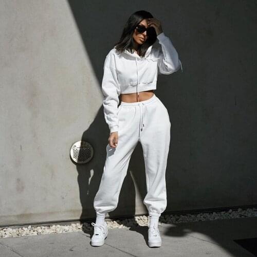 2 Piece Set Women Spring Autumn Tracksuit Solid Hooded Crop Top Sweatshirt Top And Sweatpants Loose Casual Fashion Sportswear