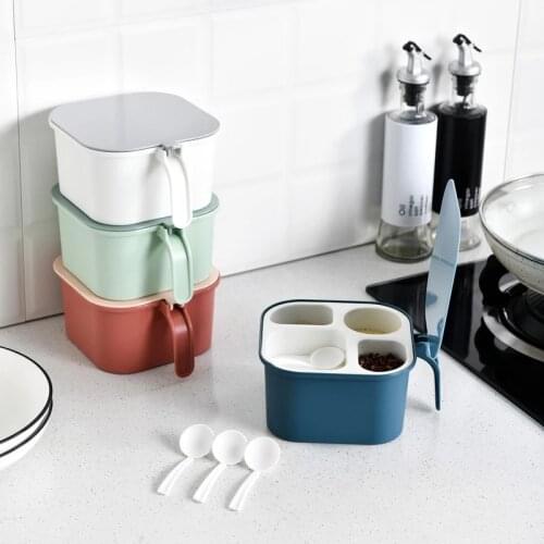 Seasoning Box container spice rack four grids and lid Salt and pepper shakers Creative household kitchen supplies free 4 spoons