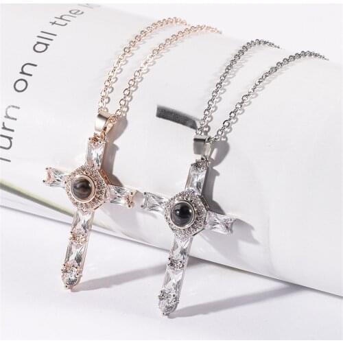 Fashion Simple Retro Cross Necklace Say I Love You Necklace Memory Projection Necklace And Pendant Wedding Valentines Day Gift