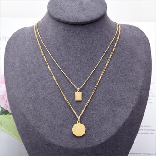 New Multilayer 316 Stainless Steel Womens Gold Silver Color Moon Star Horn Crescent Double Chain Good Luck Coin Choker Necklaces