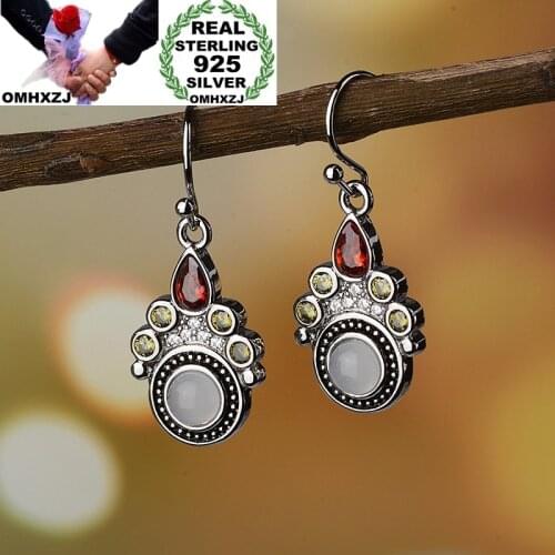OMHXZJ Wholesale European Fashion Woman Girl Party Birthday Wedding Gift Vintage Moonstone Zircon Tai Silver Drop Earrings EA519