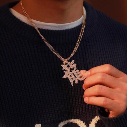 Retro Chinese Character Necklace Zodiac Chinese Dragon Full Crystal Long Double Layer Sweater Chain Necklace Mens Jewelry