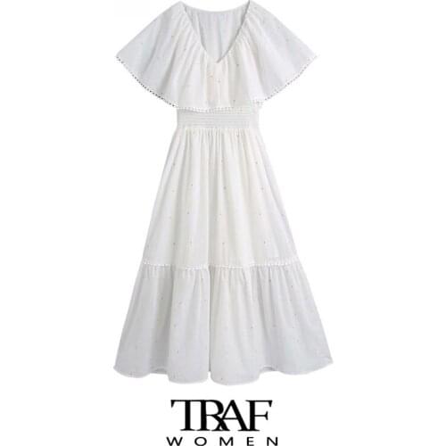 TRAF Za Women Fashion With Lining Embroidery Midi Dress Vintage Short Sleeve Smocked Elastic Waist Female Dresses Mujer