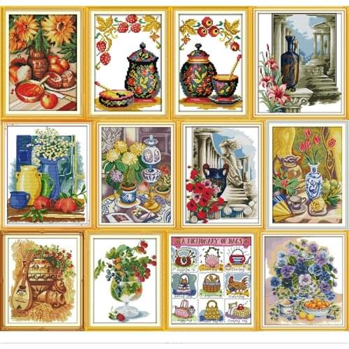 Joy Sunday Chrysanthemum Vase Patterns Still Life Series Embroidery 14CT 11CT Printed on Canvas Cross Stitch Kits Needlework Set