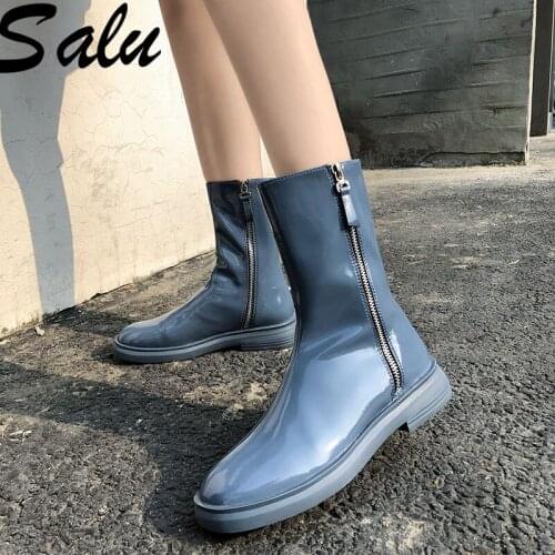 Salu Genuine Leather Square Heels Boots Women Round Toe Ladies Ankle Boots Women Autumn Winter Shoes Woman Size 41 42
