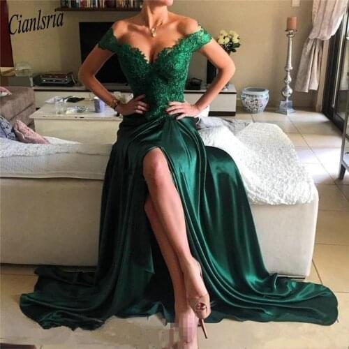 Dark Green Off The Shoulder High Split Long Prom Dresses Appliques Lace Open Back Formal Evening Party Dress