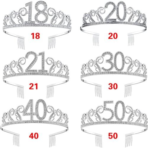 18 21 30 40 50 Women Girls Birthday Tiara Rhinestone Crystal Princess Crown Birthday Gift Party Prom Hair Jewelry Accessories