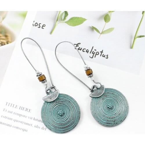 Vintage Gray Round Pendant Ear Hanging National Wind Spiral Shield Shape Earrings Bohemian Vacation Jewelry Women Gifts