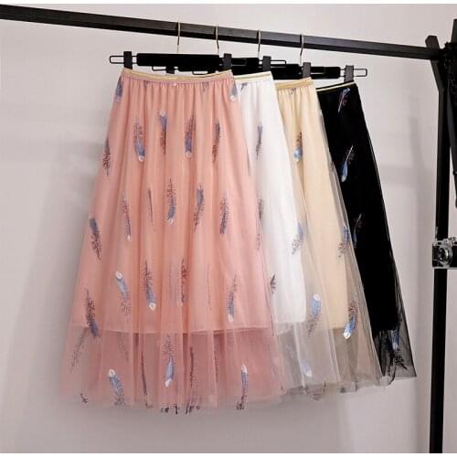 Lace Skirts Women 2019 Summer Embroidery Elegant A-line Ladies Saia Midi Elastic High Waist Female Casual Woman Tulle Skirt