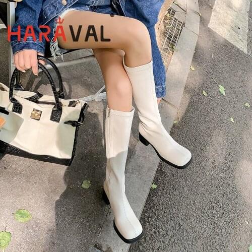 HARAVAL Women Boots Shoes White Black Autumn Winter 2021 New Trend Stretch Fabric Knee-High Solid Square Toe Shoes Women E388L