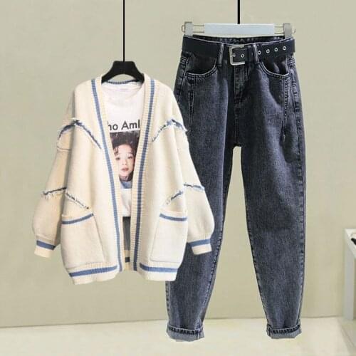 Women 2021 Autumn Fashion Jeans Sets Knitted Sweater Cardigan Coats Female High Waist Harem Pants Ladies Two-piece Suits P185