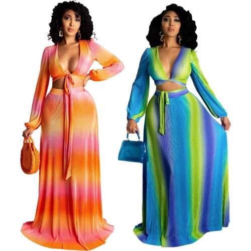 2 Colors Sexy Women Two-piece Suit Long Sleeve Deep V-neck Low-cut Lace-Up Tops Elastic Waist Straight Long Skirt Two-piece Set