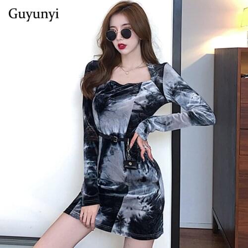 High Street Dress 2021 Autumn Square Neck Long Sleeves Mini Dress Fashion Printing Temperament Simple Womens Dresses