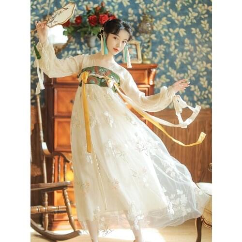 Summer New Style Chinese Style Retro Womens Hanfu Dress Han Element Embroidery Mesh Square Neck Lantern Sleeve Long Dress