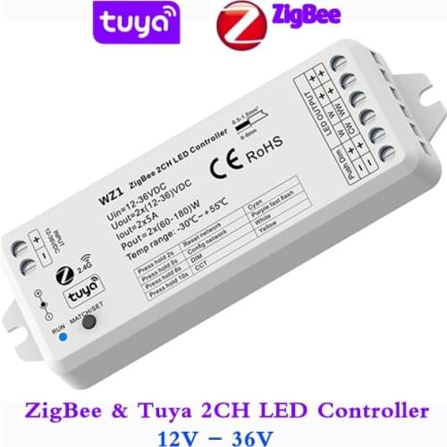 Zigbee Led Controller Tuya 2CH CCT Dimmer Smart Voice Music APP Cloud Control DC12V 24V 36V Single Color led Strip 0-100 Dimming