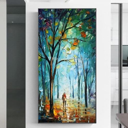 100% Handpainted Blue City Tree Street Modern Abstract Oil Paintings On Canvas Wall Art Pictures For Living Room Home Decoration