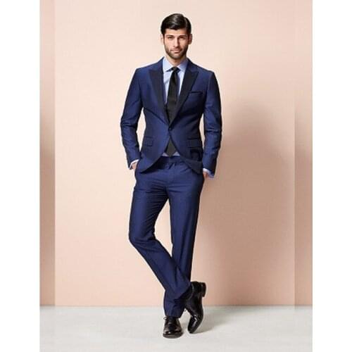 2019 Navy Blue Groomsman Tuxedos Peaked Lapel With black Lapel Men Suits Groom suit Formal suit Wedding suit for men 2 Pieces