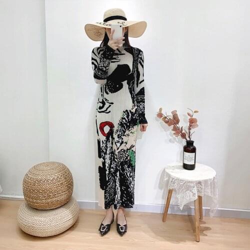 2020 Stand Collar Full Sleeves Printed Colorful Pullover Loose Long Elastic Waist Sweet Female Dress U396