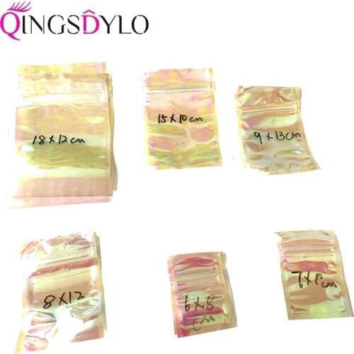 50pcs Pink Holographic Zipper Packaging Bag Flat Pouches Small Laser Zip Lock Plastic Bags for eyelashes Cosmetic Jewelry