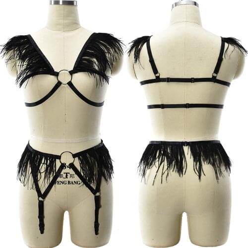 Feather Tassels Harness Bra Body Cage Black Sexy Lingerie Set Goth High Waist Leg Harness Garter Belt Bondage Body Harness Set