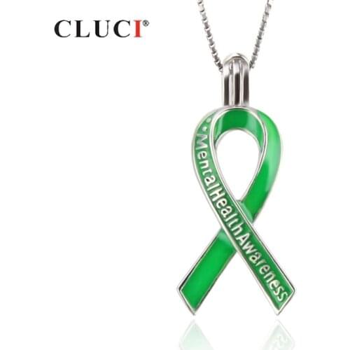 CLUCI Silver 925 Green Ribbon Charms Pendant for Autism Awareness Women Jewelry 925 Sterling Silver Pearl Locket Jewelry SC301SB