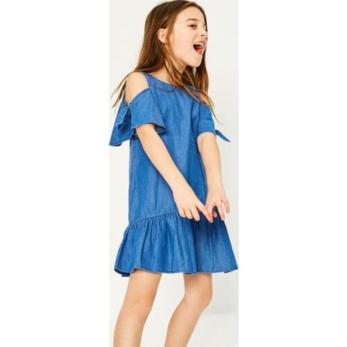 Childrens dress new summer European and American style word shoulder girl dress childrens denim princess strapless dress