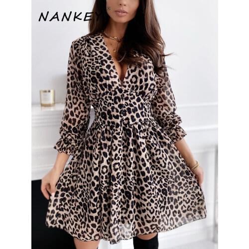NANKEY Leopard Print Elegant Women Dress Flexible Waist 2021 Spring Summer Long Sleeved Casual Dresses Ruffle Women Clothes