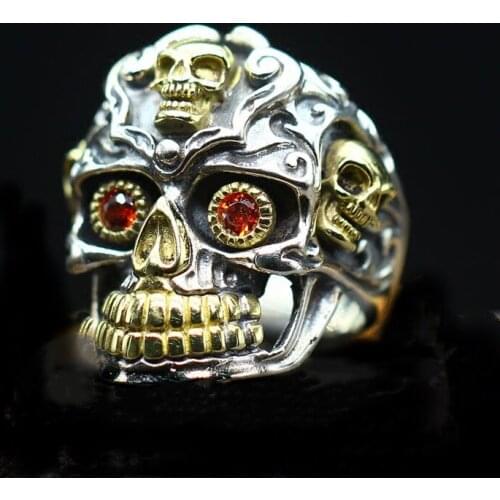 FDLK New European and American Punk Retro Silver Color Ring Carbide Two-Tone Skull Ring Mens Red Crystal Inlay Gothic Jewelry