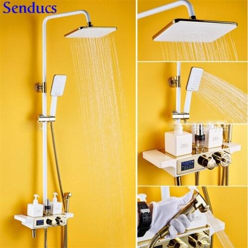 Hot Cold Bathroom Shower System for White Gold Thermostatic Shower Set Rainfall Shower Head Brass Digital Shower Mixer Set