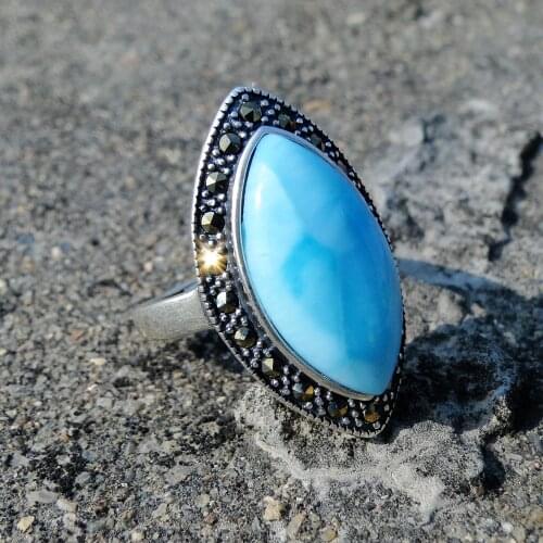 Newest Design Women Ring 925 Sterling Silver Marquise Cut 11x20mm Natural Larimar Rings Gemstone Jewelry