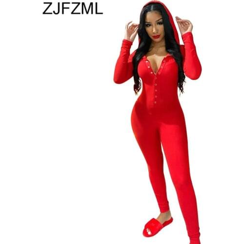 Letter Print Hooded Long Sleeve Rompers Womens Jumpsuit Sexy Buttons Up One Piece Overalls Streetwear Black Red Slim Fit Outfit
