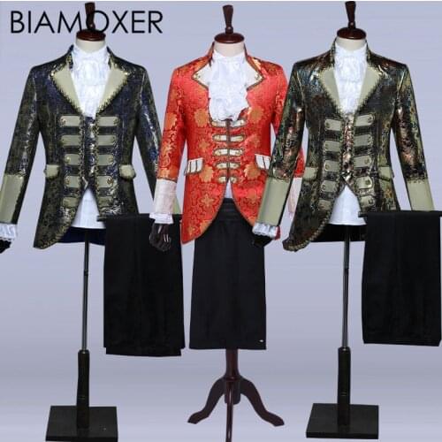 Biamoxer Medieval King Prince Cosplay Coat Vest Pant Suit Set Men Halloween Party Costume