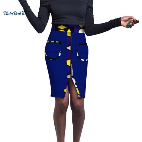 2021 New African Print Patchwork Skirts for Women Bazin Riche Dashiki Women Pocket Pencil Skirts Africa Design Clothing WY2080