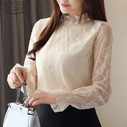 Autumn Womens Tops and Blouses Blusas Mujer De Moda 2021 Lace Blouse Korean Beading Clothes Long Sleeve Shirt Women Blusas 10641