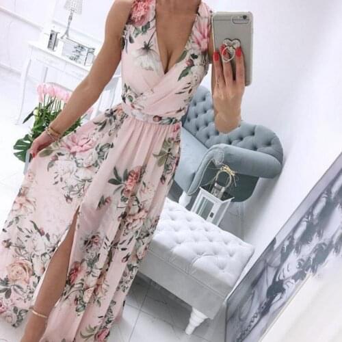 Women Elegant Floral Print Chiffon Long Party Dress Sexy Deep V-neck Split Dresses Office Lady Fashion Sleeveless Beach Vestidos
