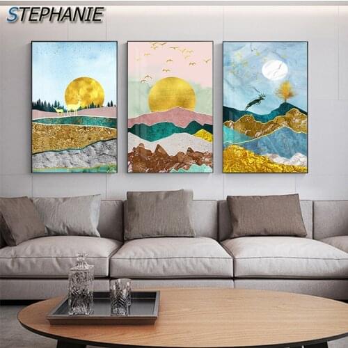 Golden Sun Deer Poster Nordic Abstract Tree Print Wall Art Canvas Painting Decorative Picture for Living Room Modern Hoom Decor