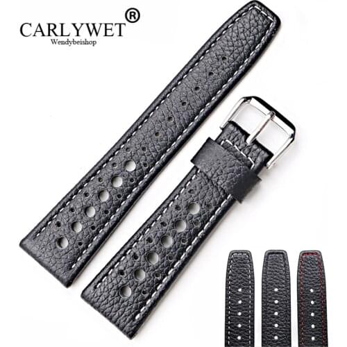 CARLYWET 20 22mm Real Calf Leather Handmade Black with White Red Stitches Wrist Watch Band Strap Belt For Dayjust Omega IWC